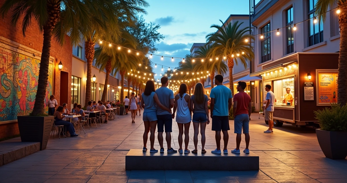 Grupo de viajantes em praça de Orlando à noite com marcos culturais ao redor 