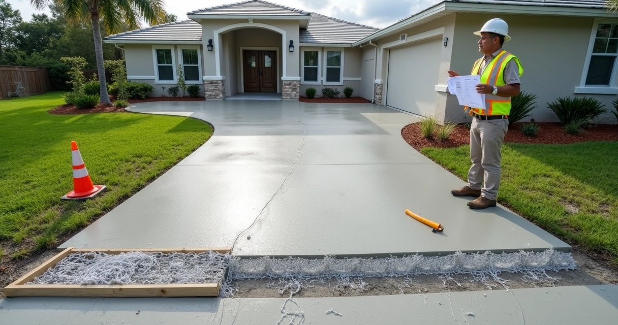Contractor reviewing fiber mesh reinforced concrete slab on Orlando driveway 