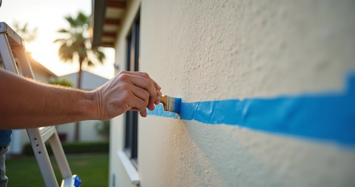 Painter doing careful touch-up on light-colored Orlando home exterior wall 
