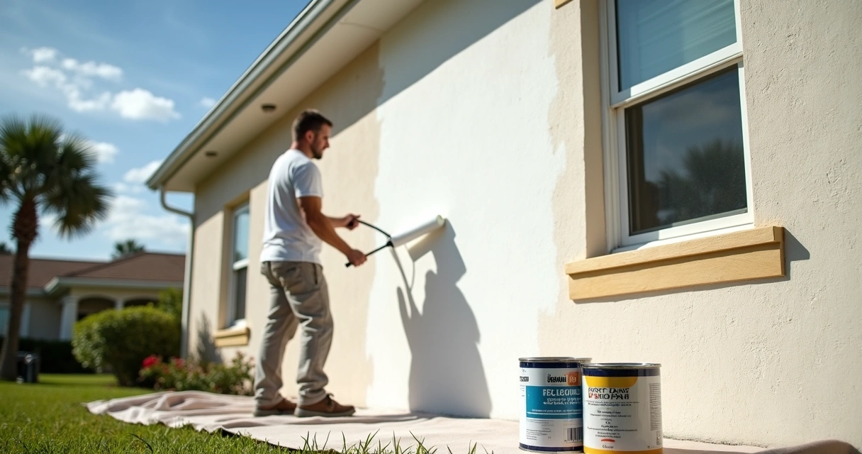 Painter applying primer to stucco exterior wall of a Florida home 