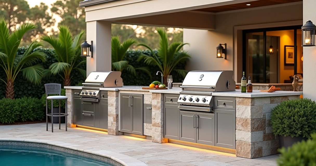 Central Florida outdoor kitchen showing integrated and drop-in grills side by side 