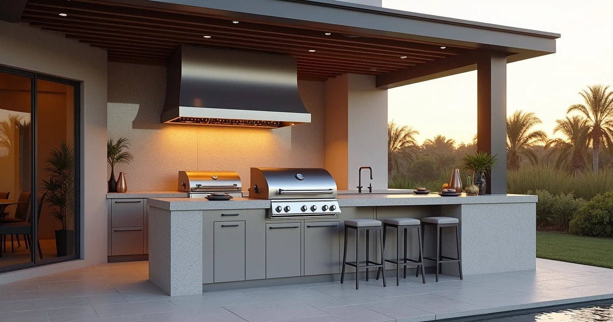 Modern Florida outdoor kitchen with vent hood deflecting grill smoke away from seating area 