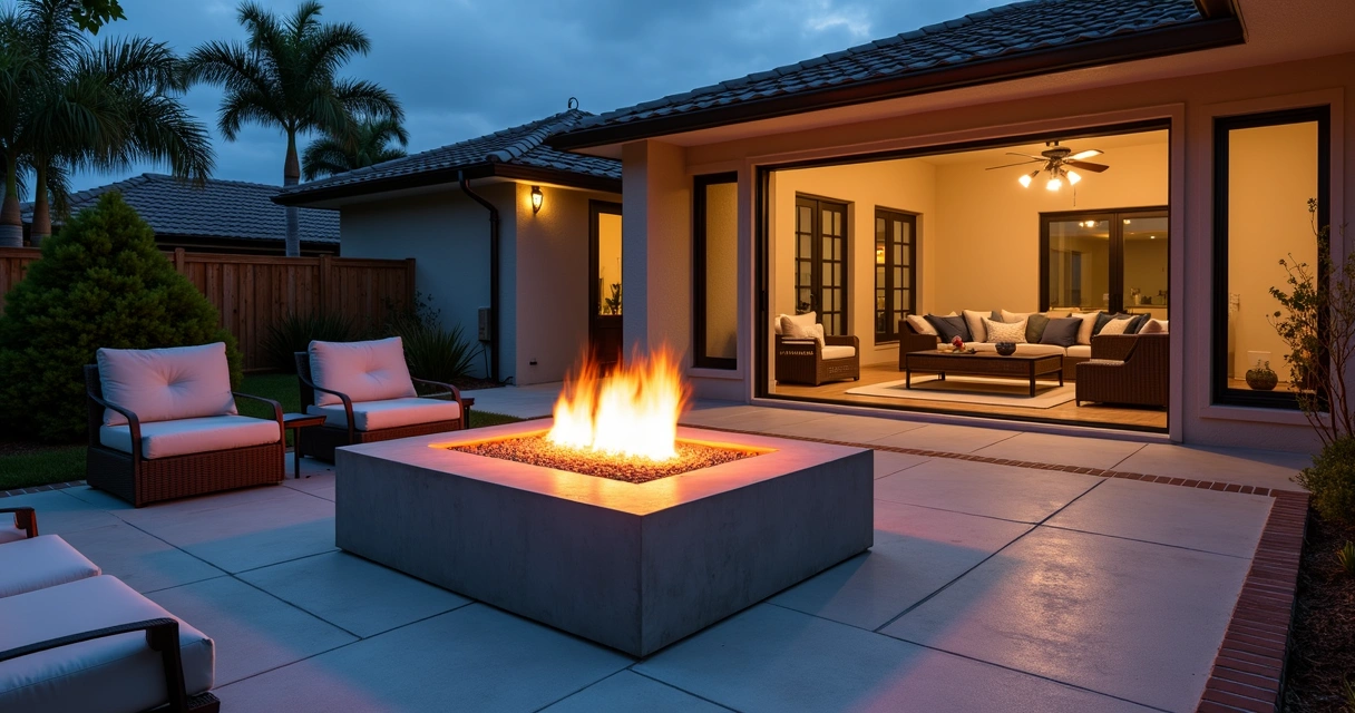 Modern Orlando patio with gas fire table and code-compliant safety clearances at night 