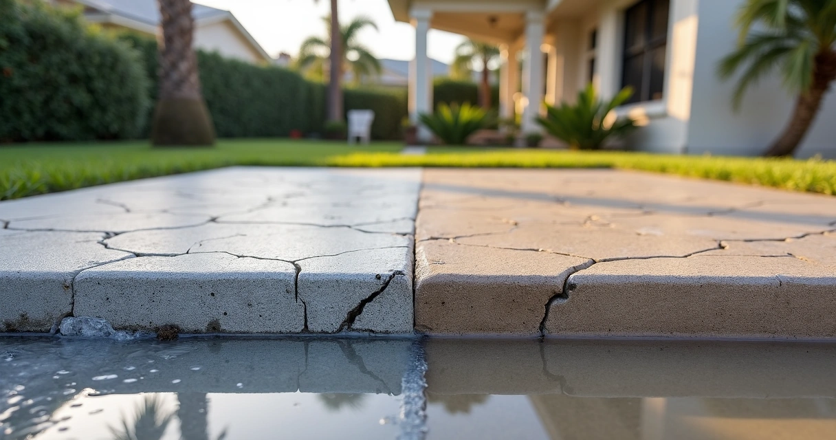 Comparison of damaged and protected concrete patio slabs in Orlando backyard 