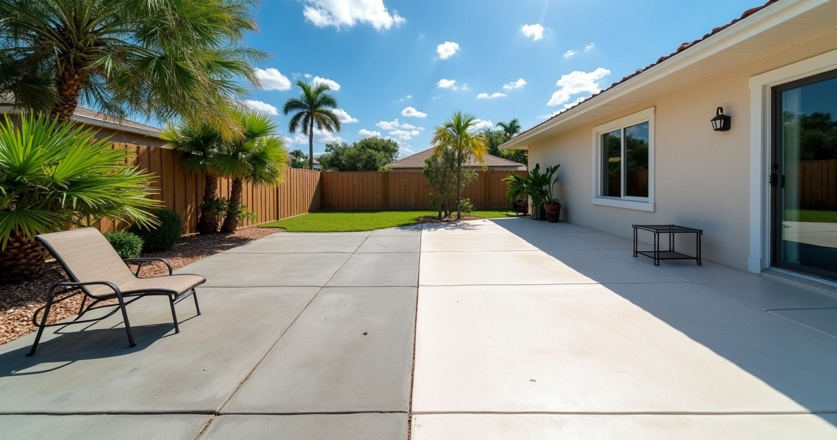 Side-by-side Orlando patio surfaces showing thermal paint cooling effect 