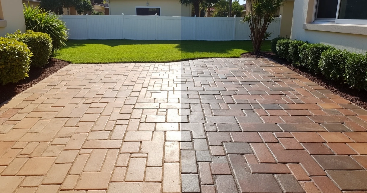 Central Florida paver patio showing side-by-side sealer comparison 