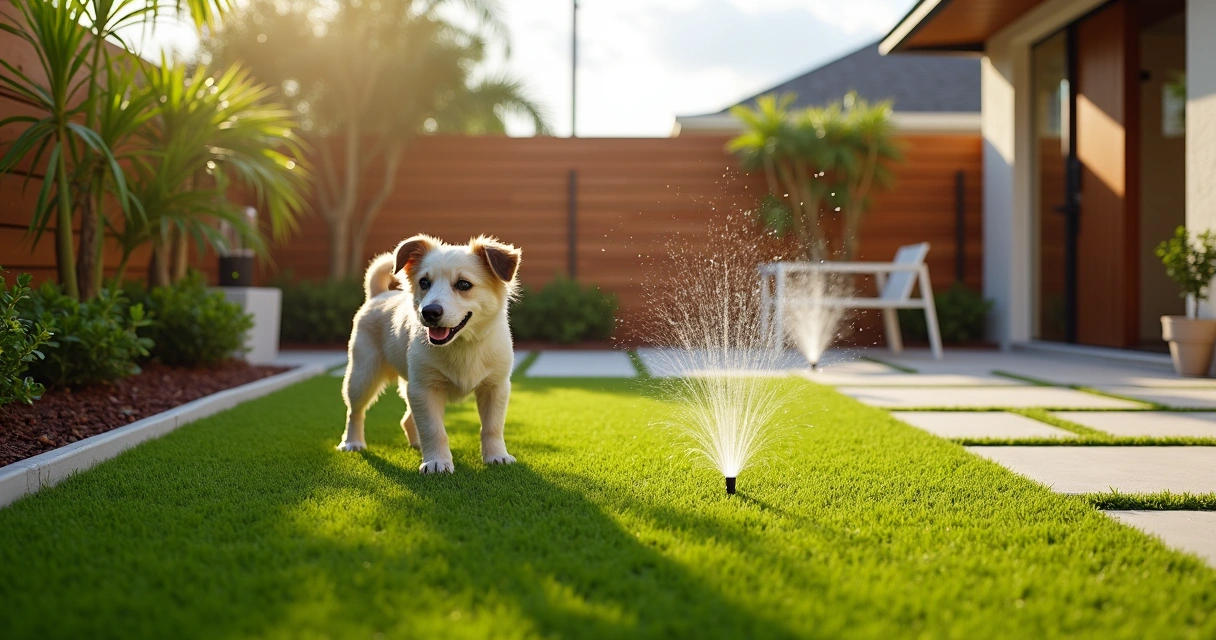 Small dog standing on artificial turf with low sprinklers watering a backyard pet area 