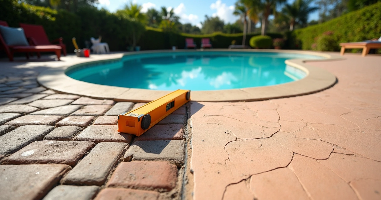 Florida pool deck showing old pavers next to fresh overlay section 