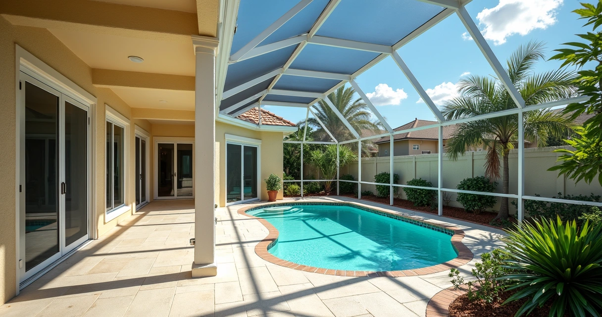 Sunny backyard with painted screen enclosure in Orlando 