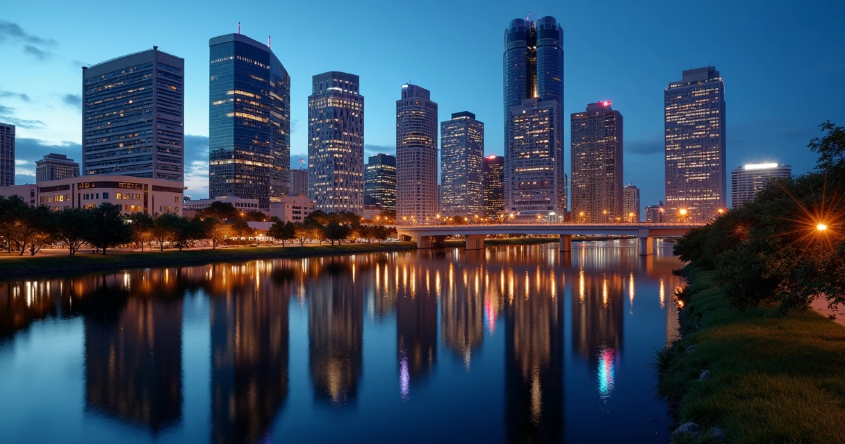 Orlando skyline with city lights reflecting on water 