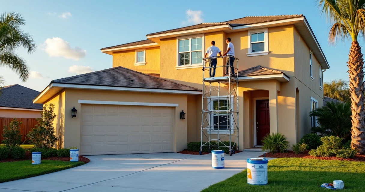 Painter spraying fresh color on stucco house in Orlando 