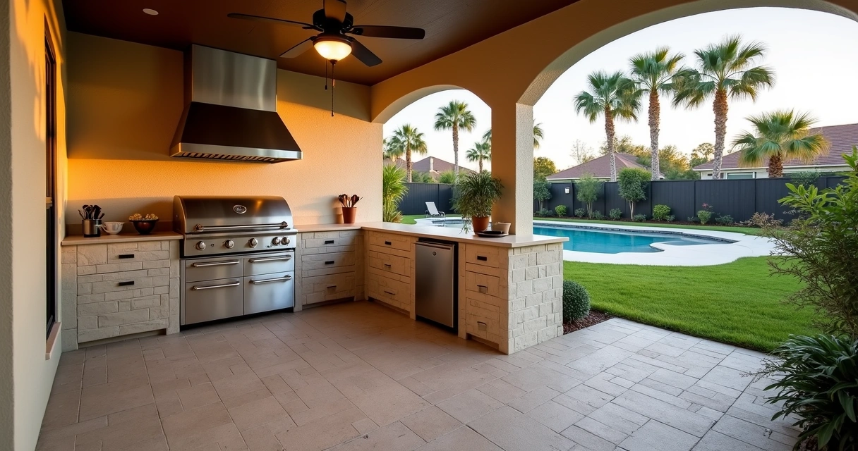 Outdoor summer kitchen in Orlando with customized stainless appliances and grill island 