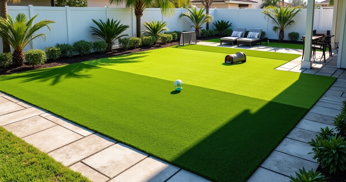 Backyard in Orlando with different artificial turf heights for kids, pets and lounge areas 