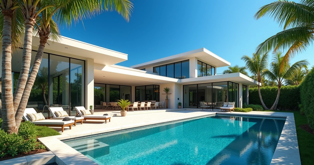 Luxury Orlando vacation home with a pool, surrounded by palm trees 