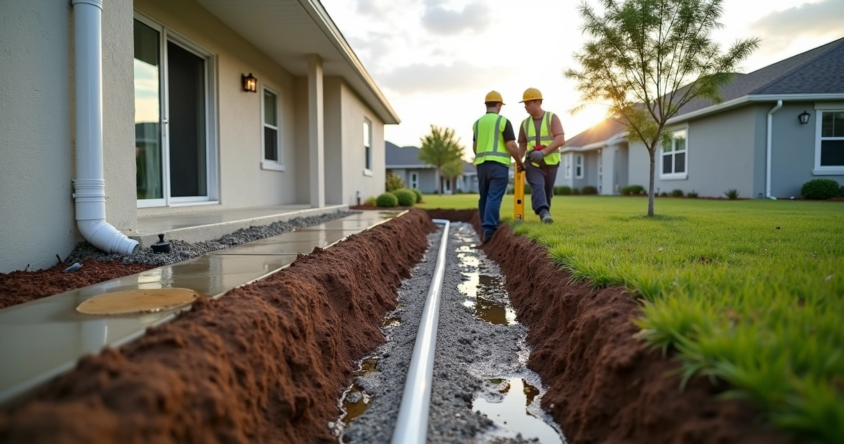 New Florida home with wet lawn and French drain installation in backyard 