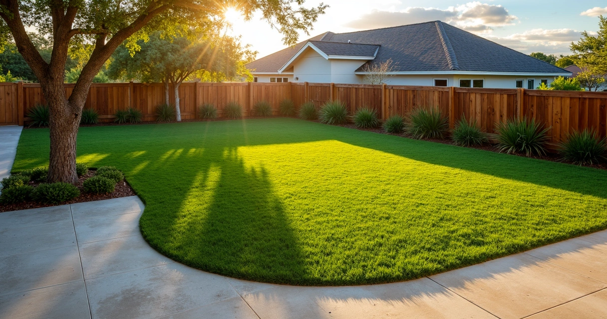 Orlando backyard with alternating bands of artificial turf and natural grass 