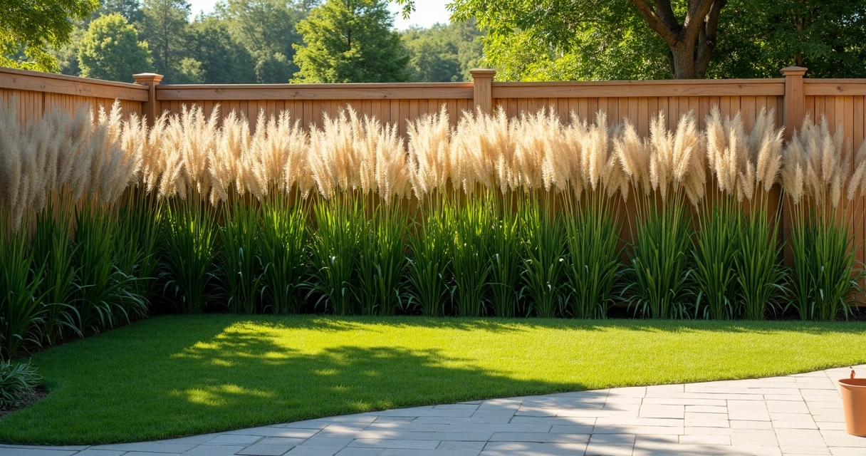 Tall ornamental grasses planted along backyard fence 