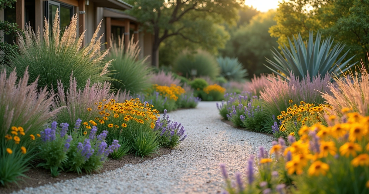 Ornamental grasses and flowering perennials in Texas landscaping 