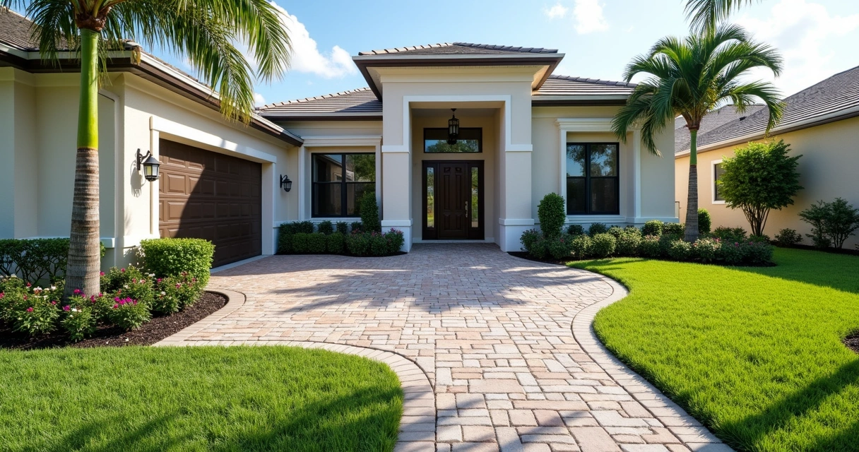 Ornate house front yard with matched exterior finishes, stamped concrete patio, painted siding, lush artificial turf and decorative brick pavers 