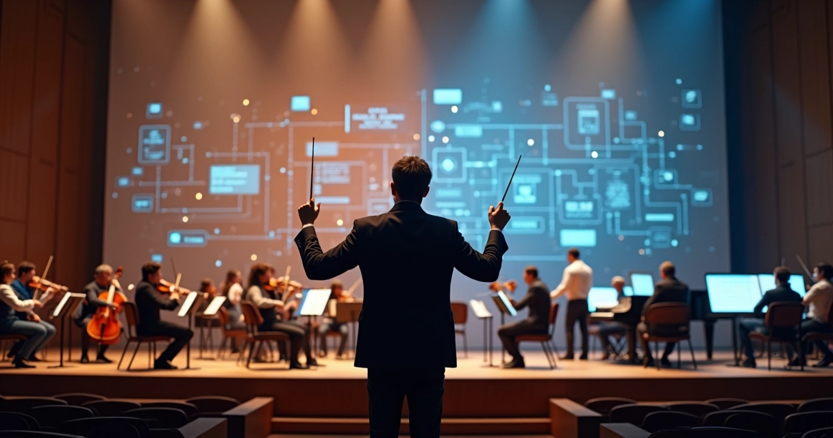 Regente conduzindo músicos e profissionais de negócios em palco dividido entre instrumentos e telas de sistemas 