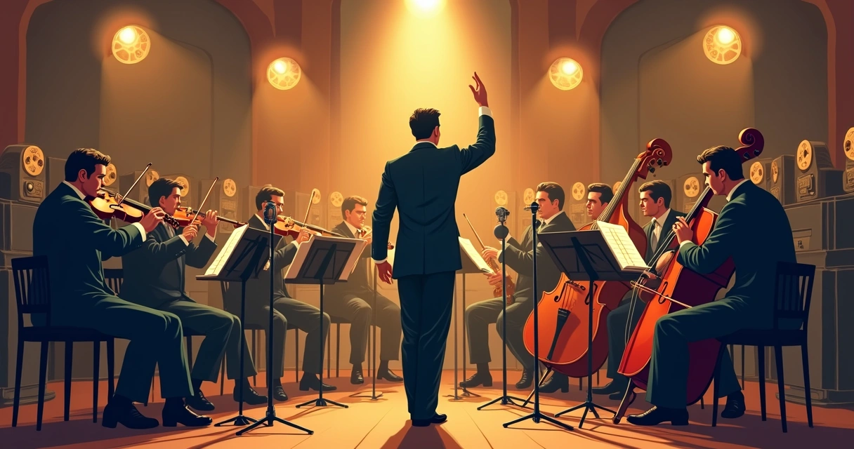 Músicos tocando instrumentos clássicos de orquestra em um grande estúdio de gravação de cinema 