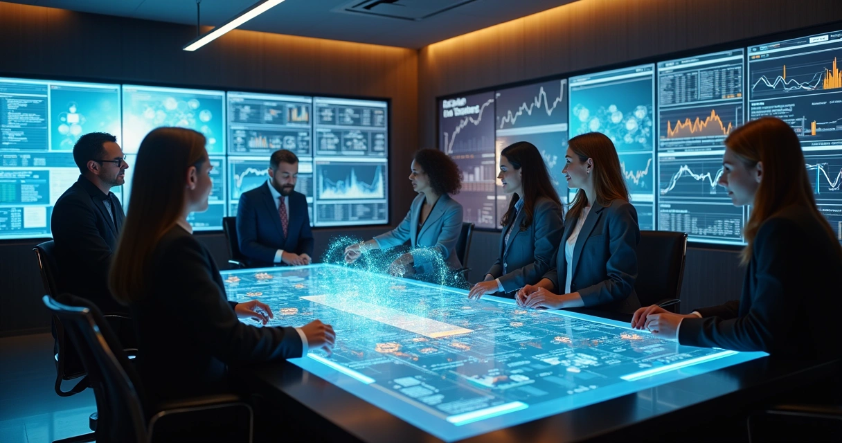 Equipe analisando fluxos de orquestração de dados IA 