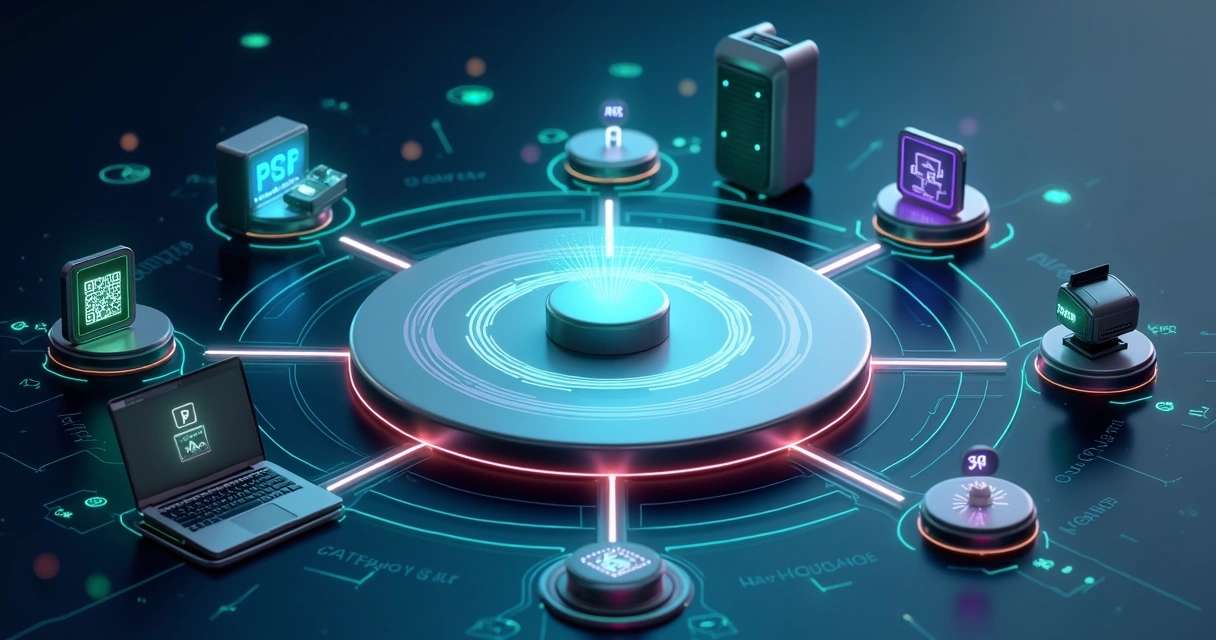 Hub central orquestrando múltiplos fluxos de pagamentos digitais interligados 