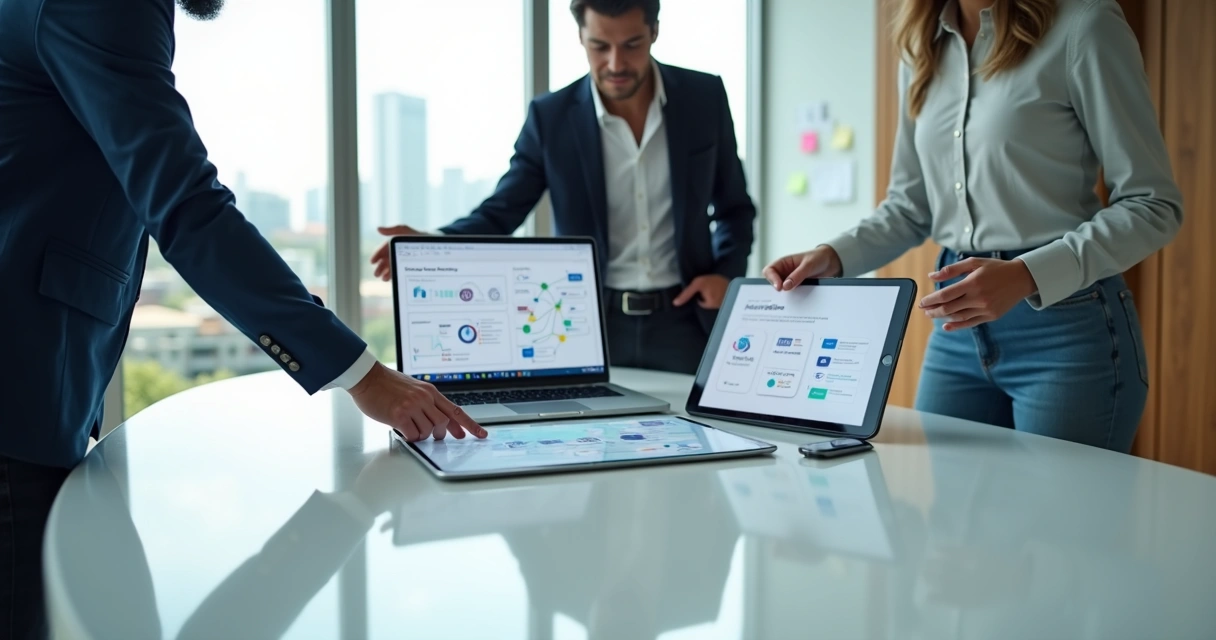 Equipe de fintech em mesa oval analisando estratégia de orquestração de pagamentos em múltiplos dispositivos 