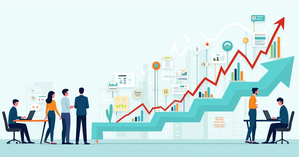 Ilustração corporativa flat mostrando fluxo integrado de vendas com conexões entre equipes e ferramentas digitais 