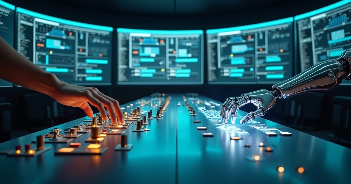 Painel com robô e mão humana controlando fluxos de tarefas digitais 