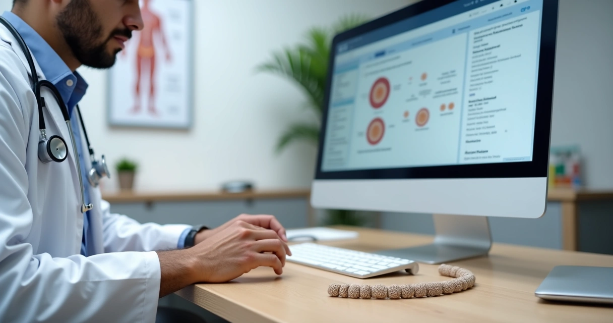 Médico registrando resultado de orquidometria em prontuário eletrônico no computador 
