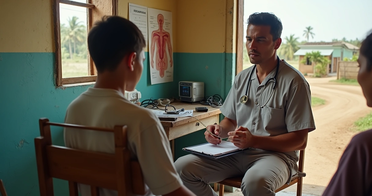 Médico examinando paciente com orquidômetro em posto de saúde remoto 