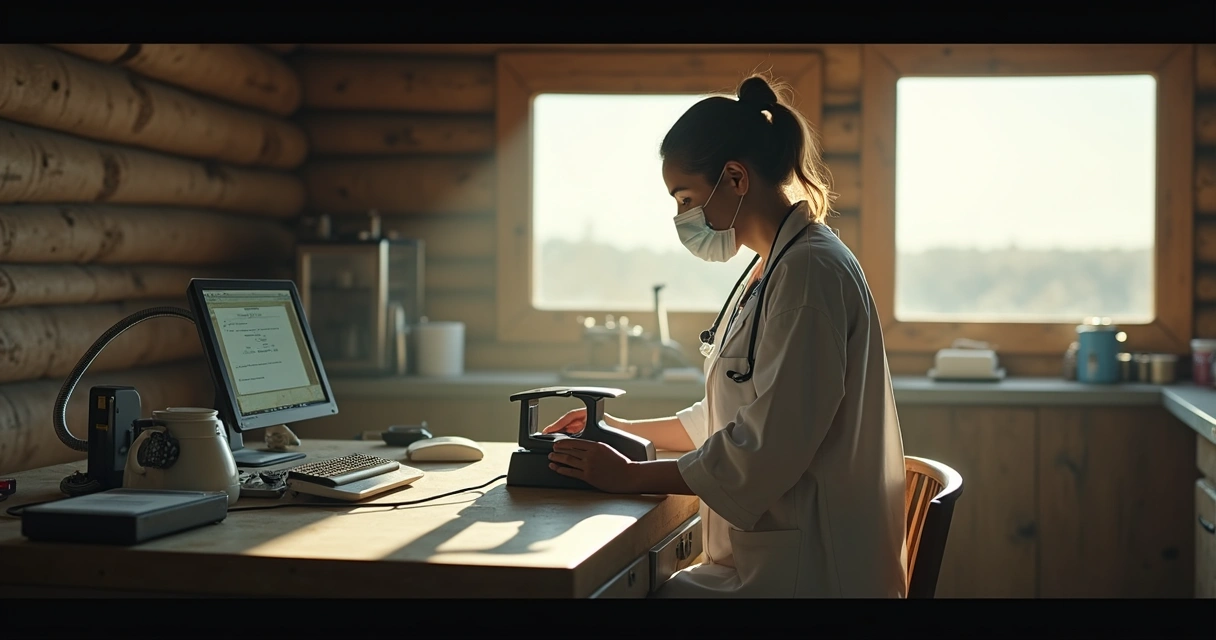 Uso de orquidômetro em local rural com equipamentos médicos em mesa de apoio