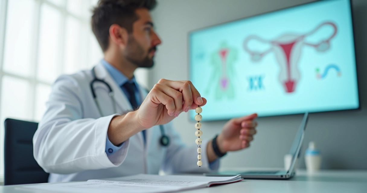 Médico segurando orquidômetro ao lado de ilustração de genitália ambígua em exame clínico 