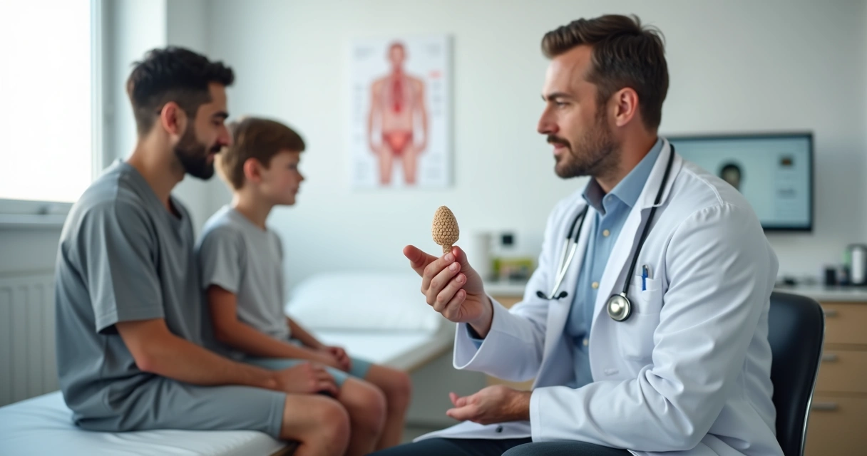 Médico usando orquidômetro em consulta ambulatorial com paciente pediátrico 