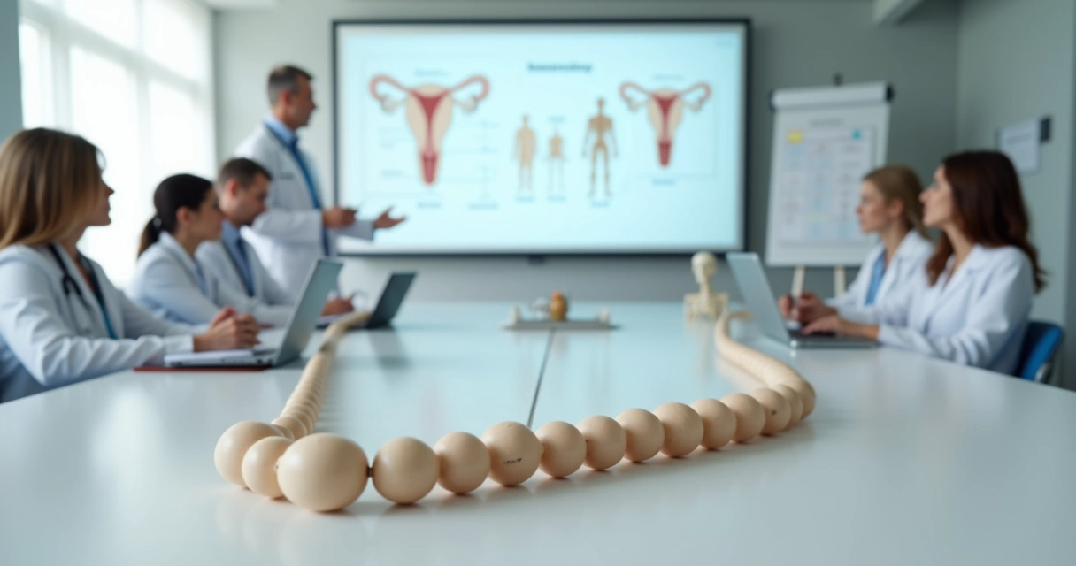 Professor de medicina mostrando orquidômetro em sala de aula com alunos atentos 
