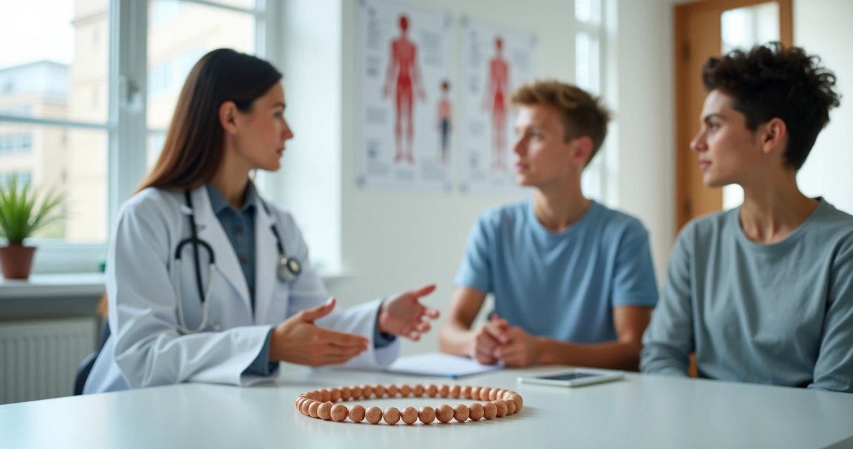 Médico mostrando orquidômetro em consulta sobre puberdade tardia com adolescente e mãe 