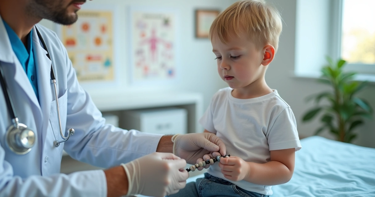 Pediatra medindo testículo de menino com orquidômetro em consultório infantil 