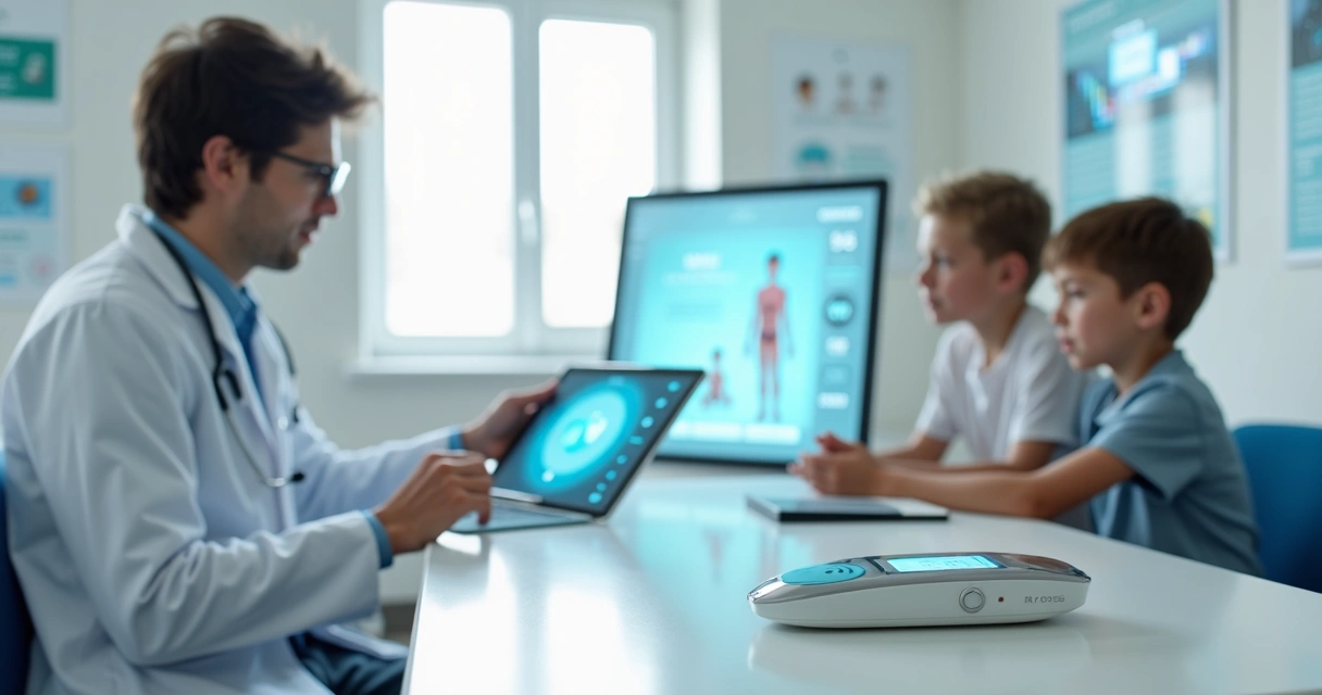 Orquidômetro digital sendo usado em consulta pediátrica com tablet e gráficos ao fundo 