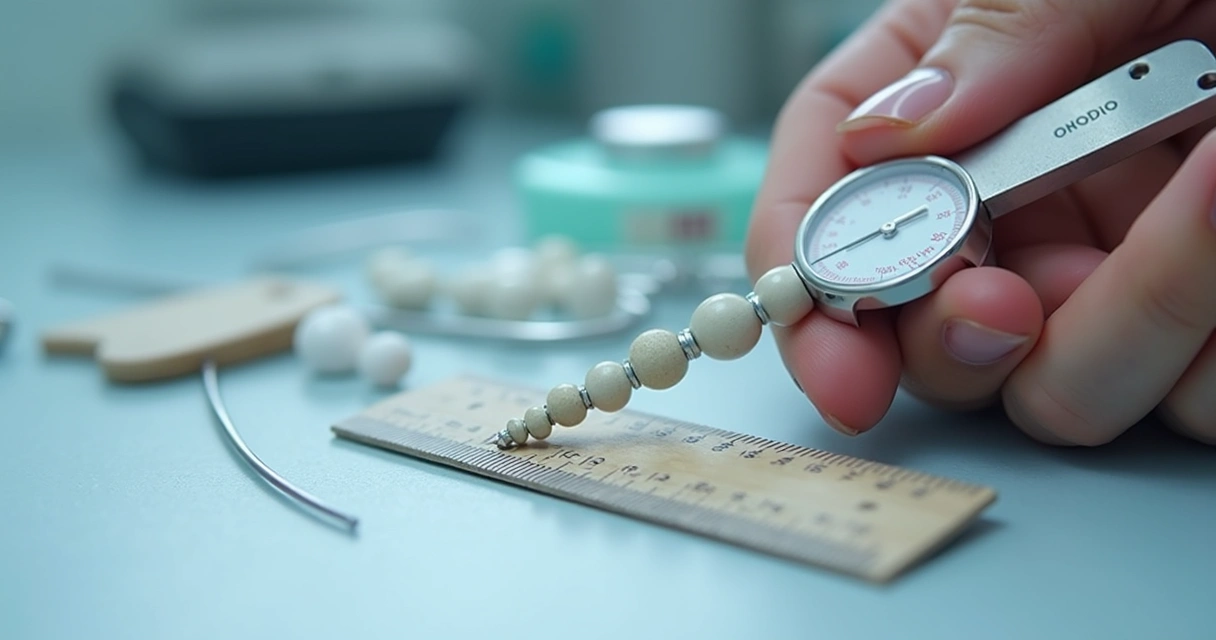 Orquidômetro ao lado de régua tradicional para medição testicular na mão de profissional de saúde 
