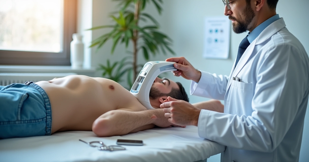 Orquidômetro medindo circunferência do escroto de um paciente adulto em ambiente clínico 