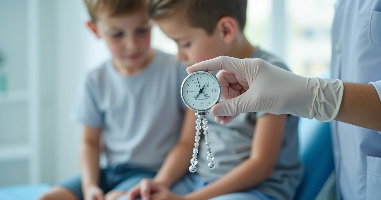 Médico segurando orquidômetro próximo de testículo infantil para medir o volume