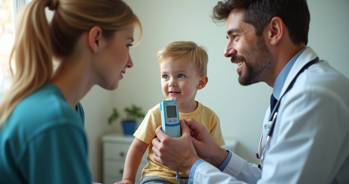 Médico segurando um orquidômetro próximo a paciente criança, consulta pediátrica