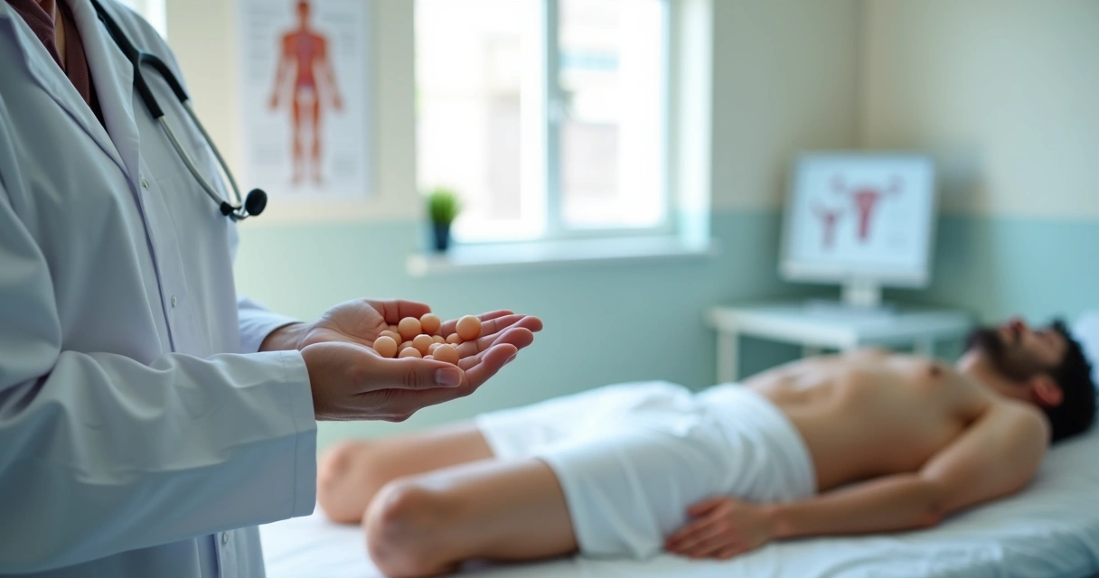 Médico segurando orquidômetro ao lado de paciente em exame testicular clínico 