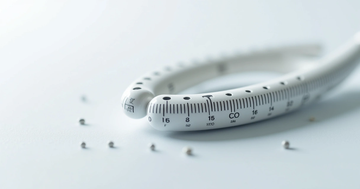 Orquidômetro de Prader aberto mostrando medidas precisas com fundo clínico branco 