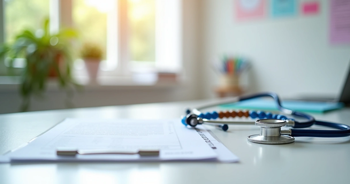 Orquidômetro sobre uma mesa de consultório ao lado de prontuário médico.