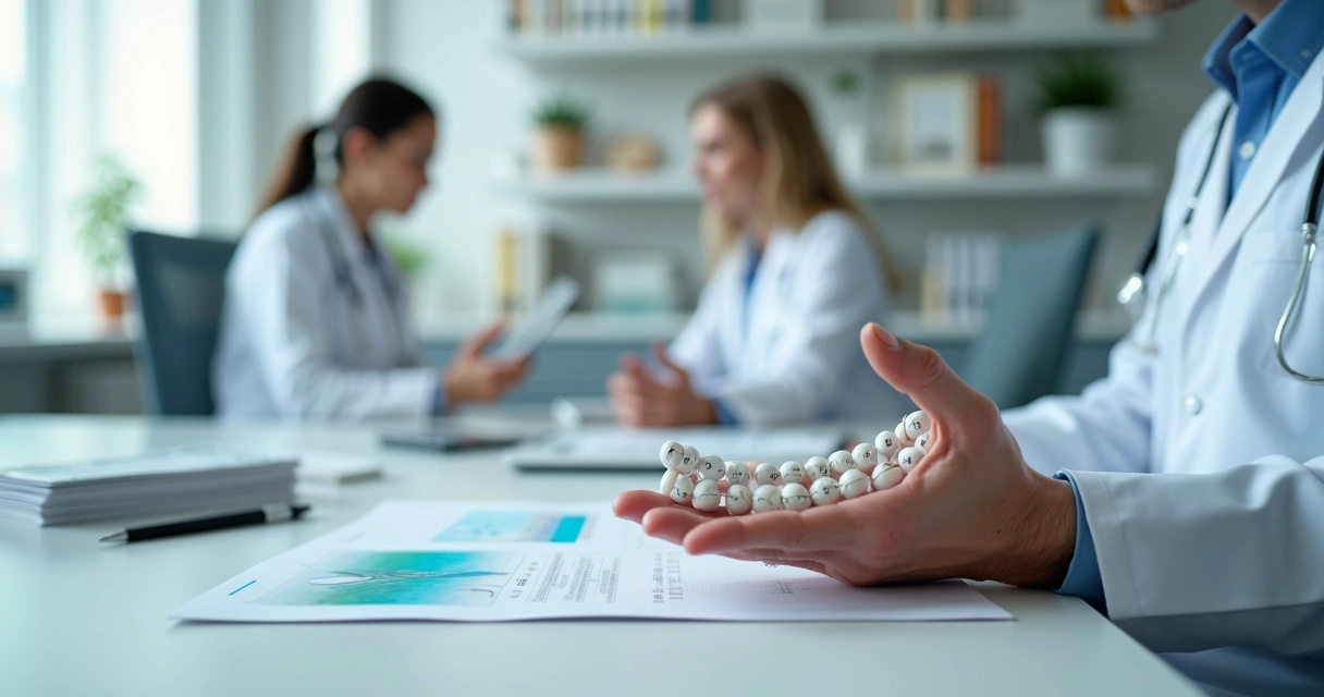 Médico segurando orquidômetro ao lado de pesquisadora analisando dados clínicos em tablet 