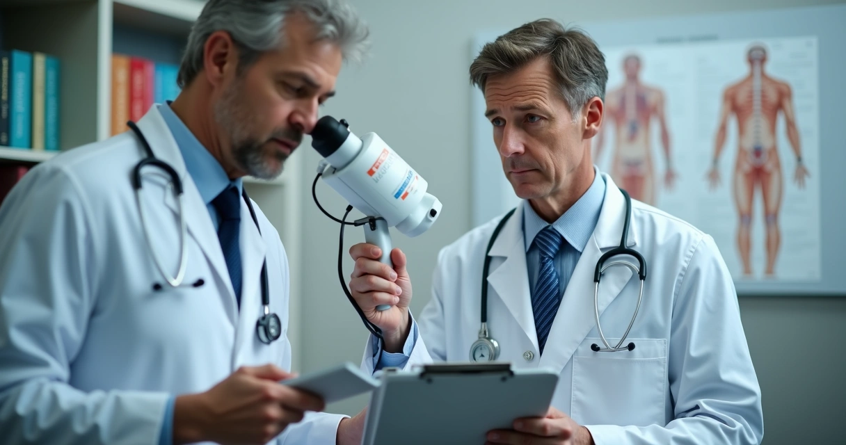 Profissional de saúde utilizando orquidômetro e coletando dados clínicos 