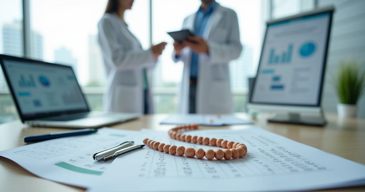 Orquidômetro ao lado de prontuários em bancada de pesquisa epidemiológica 