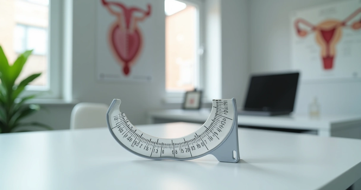 Orquidômetro clínico em mesa com fundo de consultório médico 